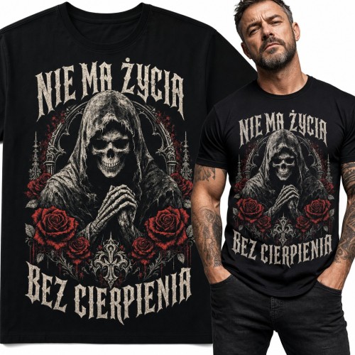 Koszulka męska z kostuchą i różami „Nie ma życia bez cierpienia”