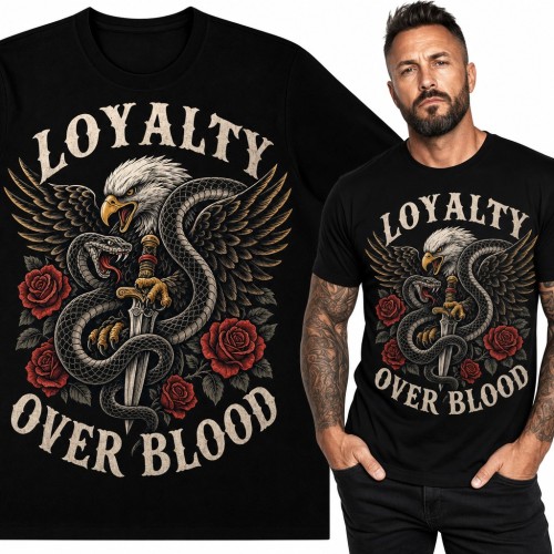 Koszulka męska z orłem, wężem i sztyletem „Loyalty over blood” - tatuaż old school