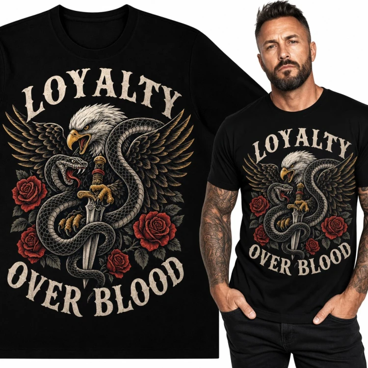 Koszulka męska z orłem, wężem i sztyletem „Loyalty over blood” - tatuaż old school