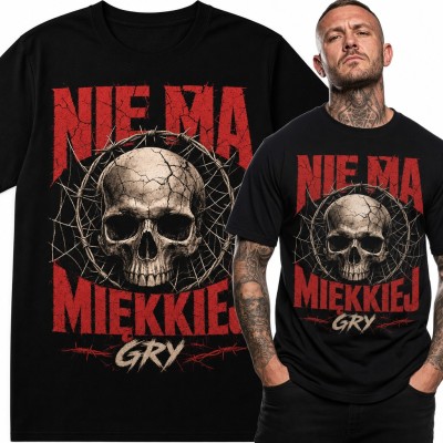 Koszulka męska z czaszką i drutem kolczastym „Nie ma miękkiej gry”