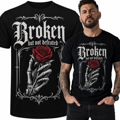 Koszulka męska „Broken but not defeated” - szkieletowa dłoń z czerwoną różą w gotyckiej ramie