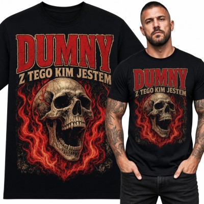Koszulka męska „Dumny z tego kim jestem” - czaszka w płomieniach
