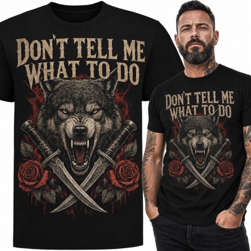 Koszulka męska wilk z nożami i różami „Don't tell me what to do”