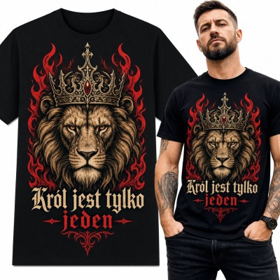 Koszulka męska z lwem w koronie i płomieniach - „Król jest tylko jeden”