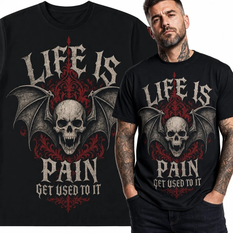 Koszulka męska „Life is pain get used to it” - gotycka czaszka ze skrzydłami nietoperza