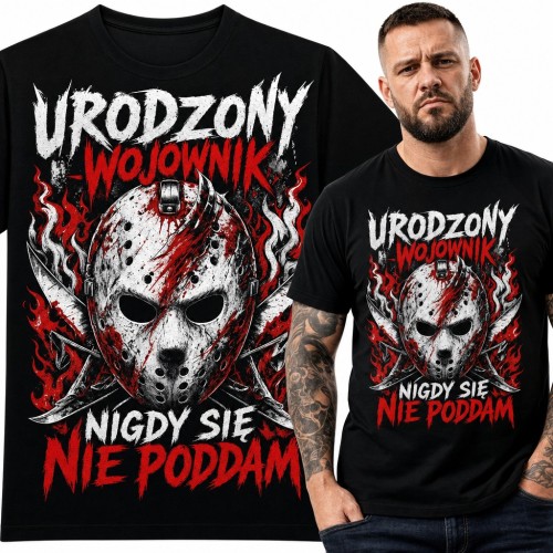 Koszulka męska „Urodzony wojownik nigdy się nie poddam” - maska hokejowa z horroru