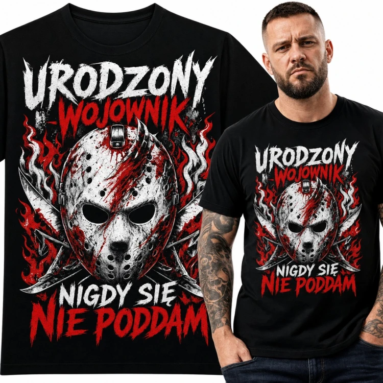 Koszulka męska „Urodzony wojownik nigdy się nie poddam” - maska hokejowa z horroru