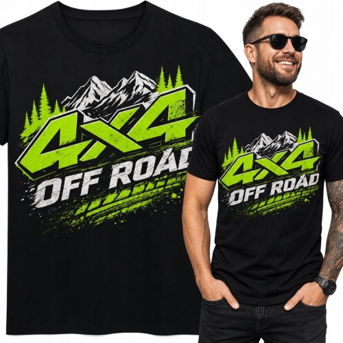 Koszulka męska dla fana off-roadu z nadrukiem „4x4 Off Road” - góry i ślady opon