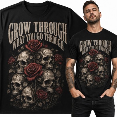 Koszulka męska „Grow through what you go through” z czaszkami i czerwonymi różami