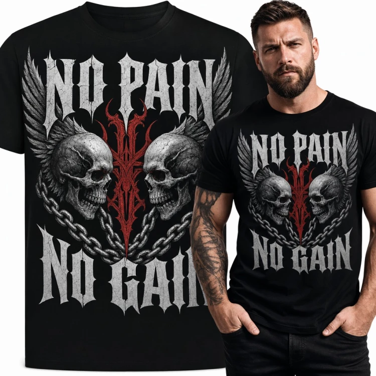 Koszulka męska „No Pain No Gain” - skrzydlate czaszki z łańcuchem na siłownię