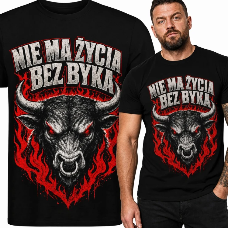 Koszulka męska „Nie ma życia bez byka” - głowa byka w płomieniach dla rolnika