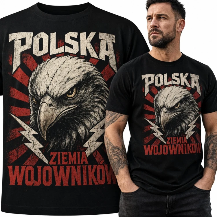 Koszulka męska z orłem i błyskawicami „Polska ziemia wojowników”