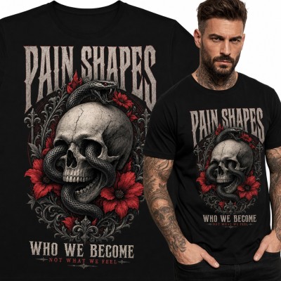 Koszulka męska z czaszką i wężem „Pain shapes who we become”