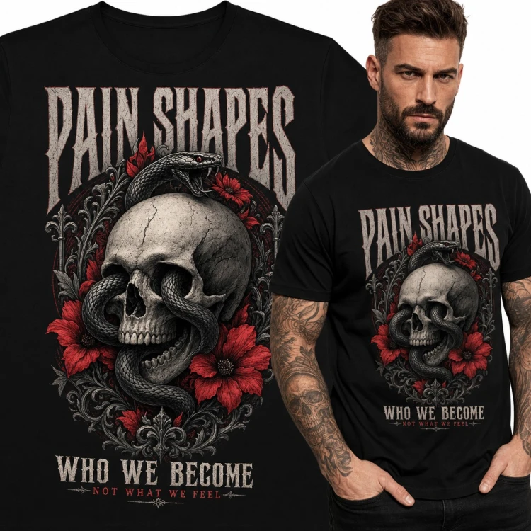 Koszulka męska z czaszką i wężem „Pain shapes who we become”
