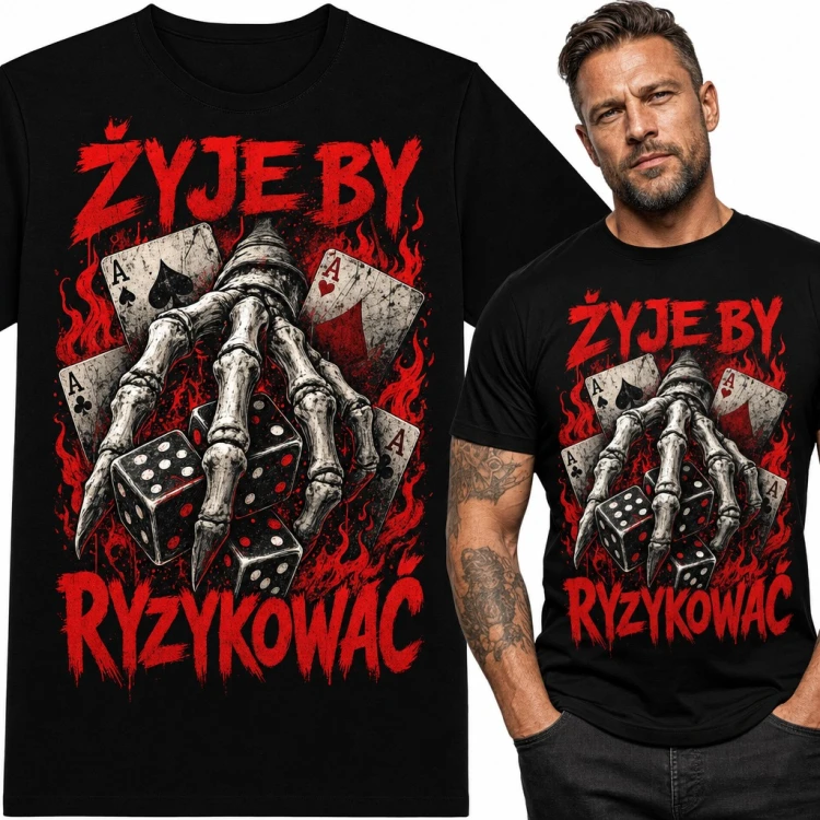 Koszulka męska „Żyje by ryzykować” - dłoń szkieletu z kośćmi i asami dla pokerzysty