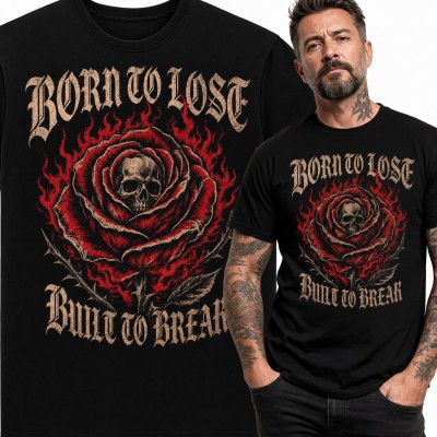 Koszulka męska z różą i czaszką w płomieniach - „Born to lost built to brear”