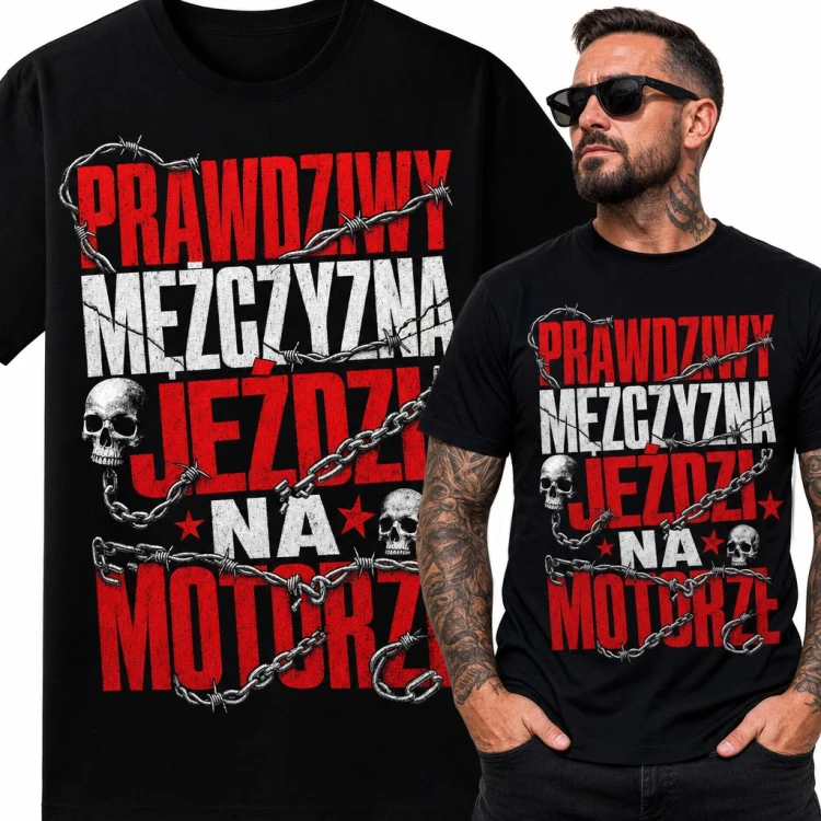 Koszulka męska motocyklowa z napisem „Prawdziwy mężczyzna jeździ na motorze”