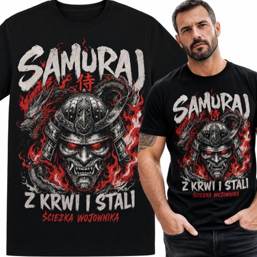 Koszulka męska „Samuraj z krwi i stali” - hełm z maską oni i smok