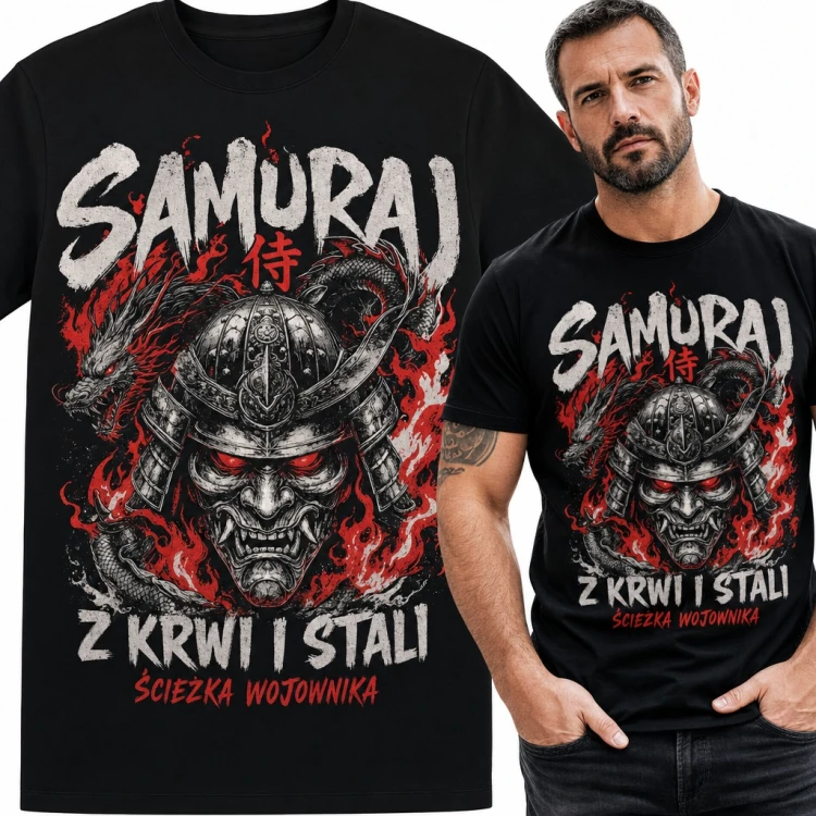 Koszulka męska „Samuraj z krwi i stali” - hełm z maską oni i smok