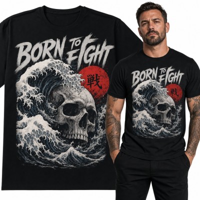 Koszulka męska „Born to Fight” - czaszka w japońskiej fali