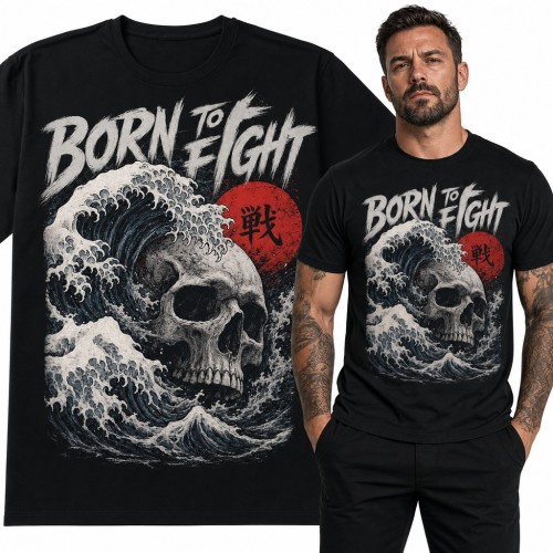 Koszulka męska „Born to Fight” - czaszka w japońskiej fali