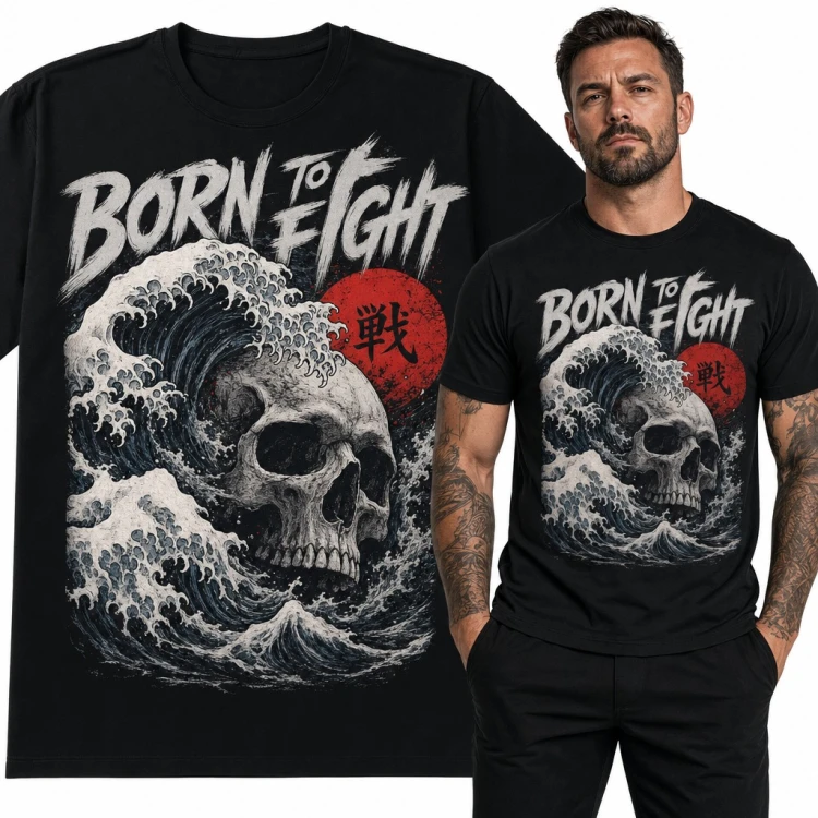 Koszulka męska „Born to Fight” - czaszka w japońskiej fali