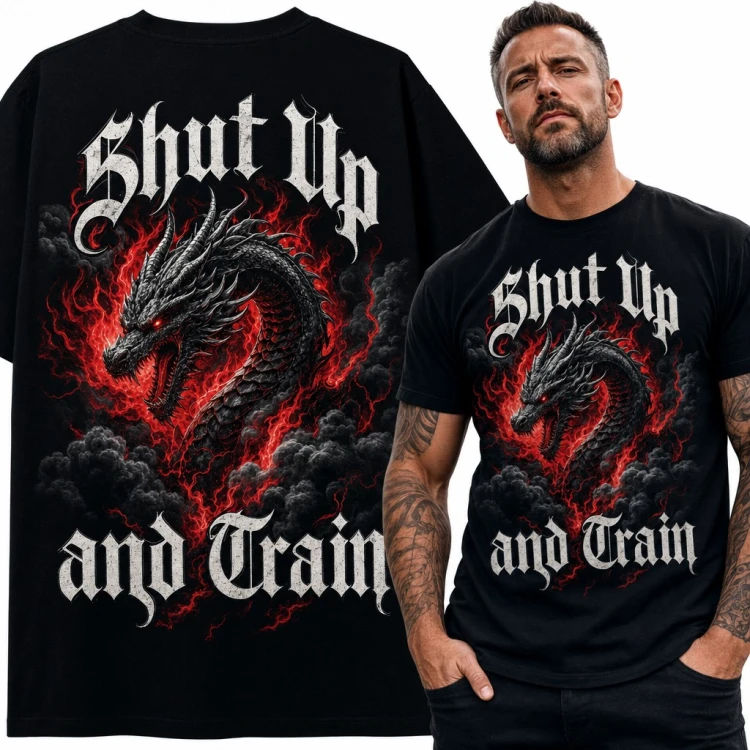 Koszulka męska „Shut up and train” z czarnym smokiem w ogniu