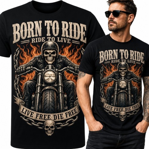 Koszulka męska „Born to ride” - szkielet na motocyklu w płomieniach dla motocyklisty