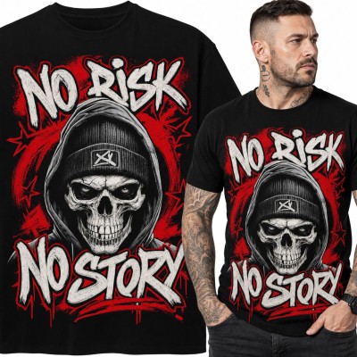 Koszulka męska „No risk no story” z czaszką w kapturze i graffiti