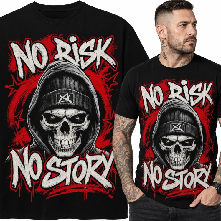 Koszulka męska „No risk no story” z czaszką w kapturze i graffiti