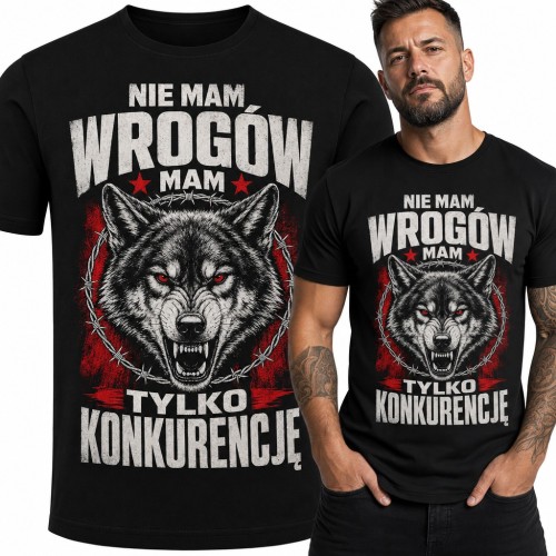 Koszulka męska z wilkiem i drutem kolczastym „Nie mam wrogów, mam tylko konkurencję”
