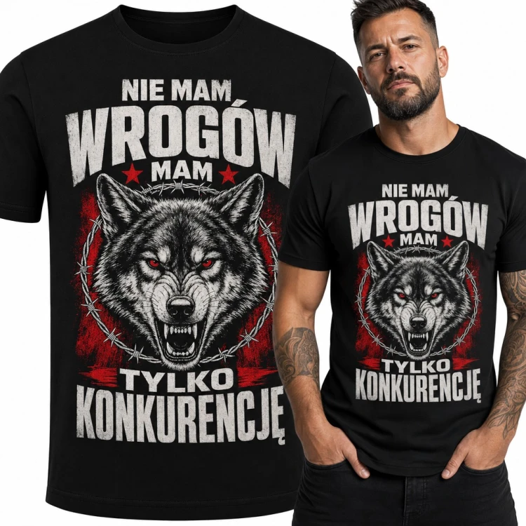 Koszulka męska z wilkiem i drutem kolczastym „Nie mam wrogów, mam tylko konkurencję”