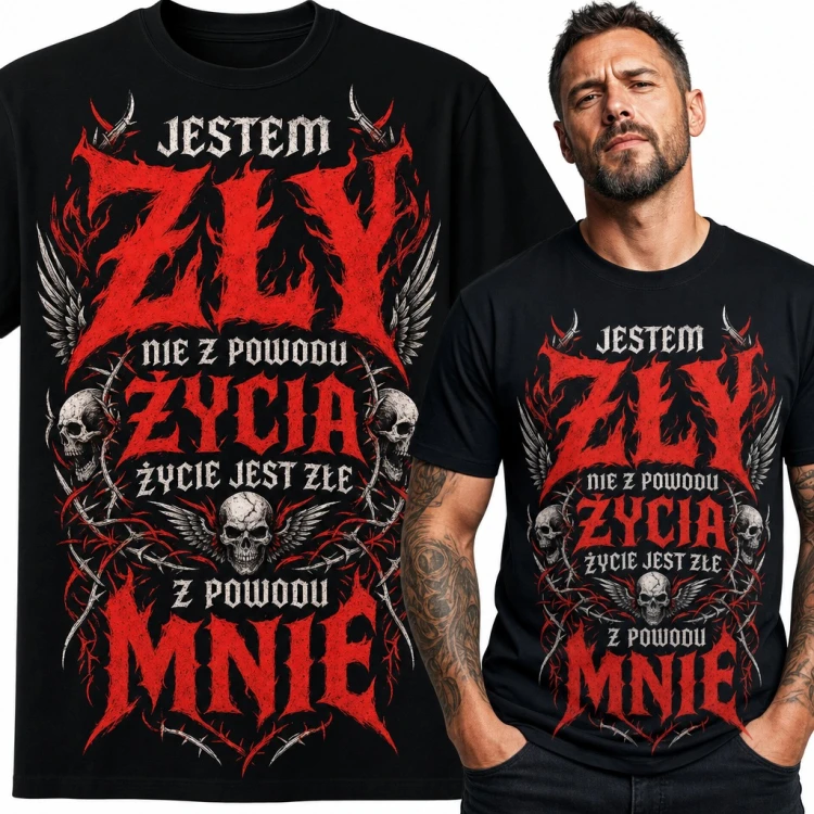 Koszulka męska „Jestem zły nie z powodu życia, życie jest złe z powodu mnie” - metalowy napis z czaszkami