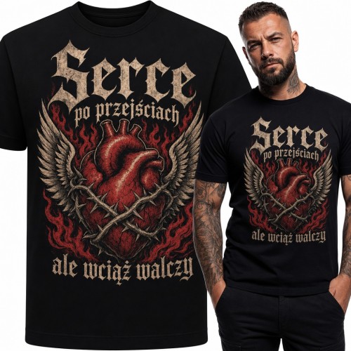 Koszulka męska „Serce po przejściach ale wciąż walczy” - serce w drucie kolczastym ze skrzydłami