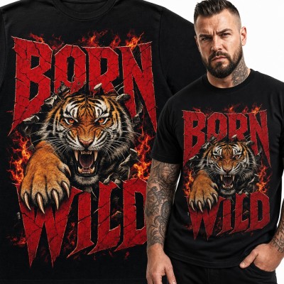 Koszulka męska „Born Wild” z ryczącym tygrysem w płomieniach