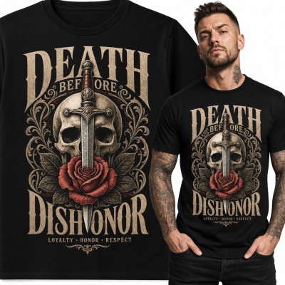 Koszulka męska „Death Before Dishonor” - czaszka ze sztyletem i różą w stylu tattoo