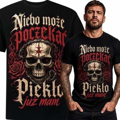 Koszulka męska z czaszką w drucie kolczastym „Niebo może poczekać, piekło już mam”
