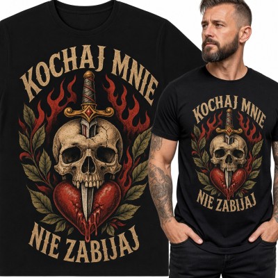 Koszulka męska z czaszką, sztyletem i sercem - „Kochaj mnie nie zabijaj”