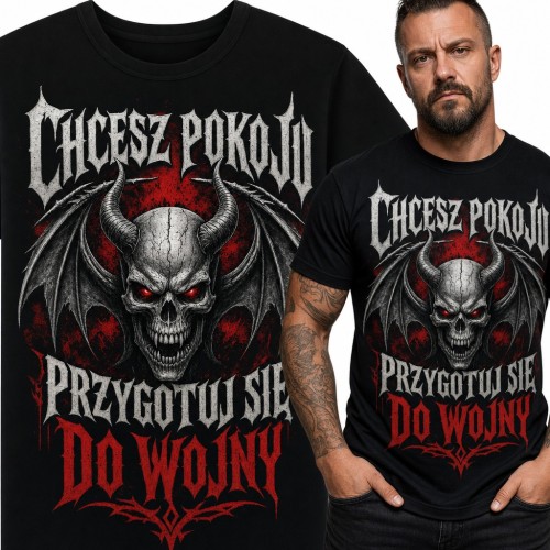 Koszulka męska z rogatą czaszką demona - „Chcesz pokoju, przygotuj się do wojny”