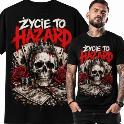 Koszulka męska „Życie to hazard” - czaszka w koronie z asami dla pokerzysty