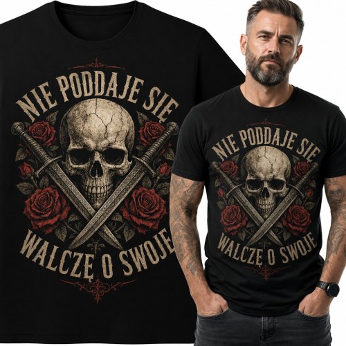 Koszulka męska czaszka z mieczami i różami „Nie poddaje się, walczę o swoje”