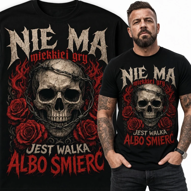 Koszulka męska „Nie ma miękkiej gry, jest walka albo śmierć” - czaszka w drucie kolczastym