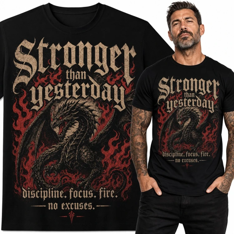 Koszulka męska „Stronger than yesterday” - smok w płomieniach na siłownię