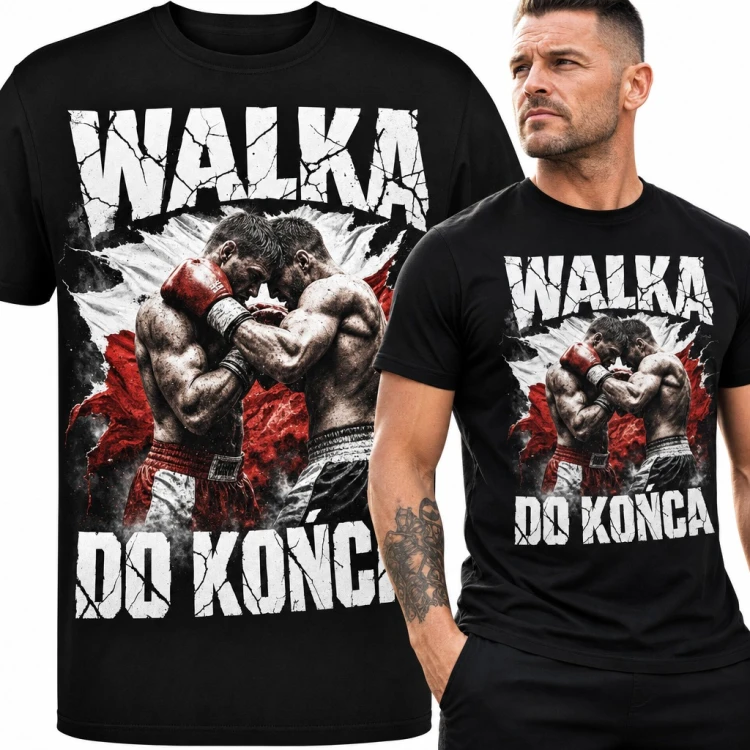 Koszulka męska „Walka do końca” - bokserzy w klinczu na tle biało-czerwonej flagi