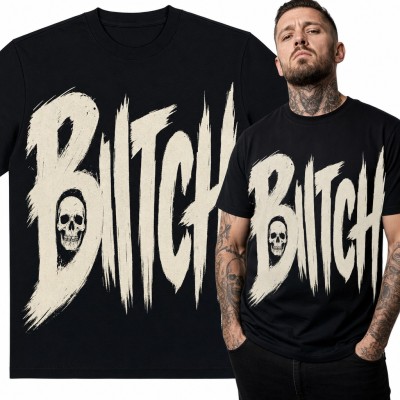 Koszulka męska z czaszką „Bitch” - pędzlowy napis w stylu grunge