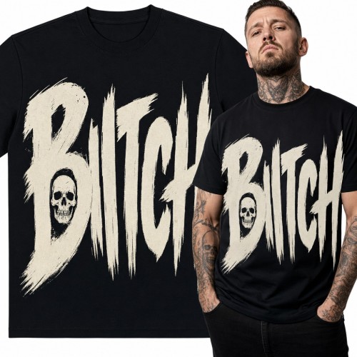Koszulka męska z czaszką „Bitch” - pędzlowy napis w stylu grunge