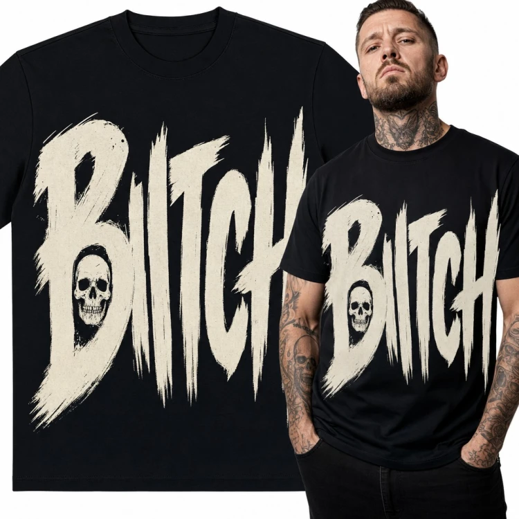 Koszulka męska z czaszką „Bitch” - pędzlowy napis w stylu grunge