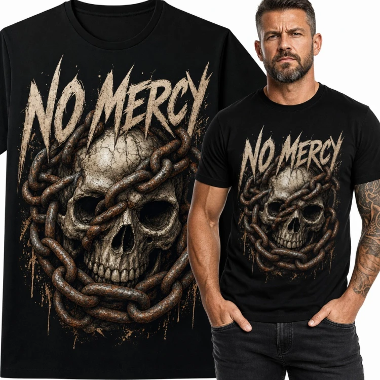 Koszulka męska „No Mercy” - czaszka w zardzewiałych łańcuchach dla fana metalu