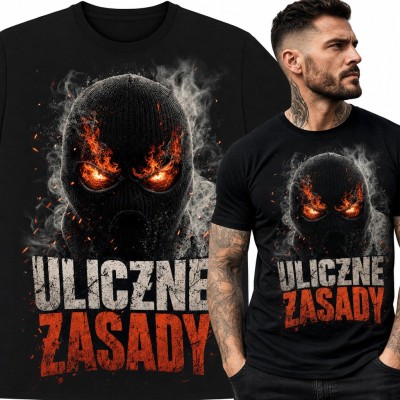 Koszulka męska „Uliczne zasady” - kominiarka z płonącymi oczami