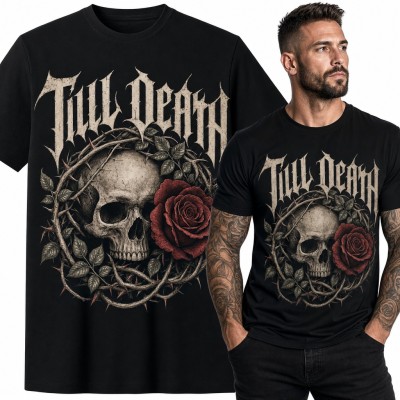 Koszulka męska „Till Death” - czaszka z czerwoną różą w cierniach dla metalowca